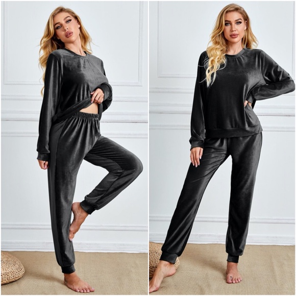 navy blue velvet long sleeve lounge pants set - Picture 2 of 4